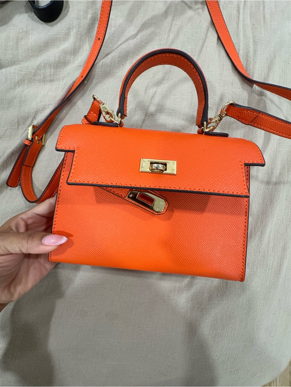 Orange Structured Top-Handle Crossbody Bag with Gold Hardware